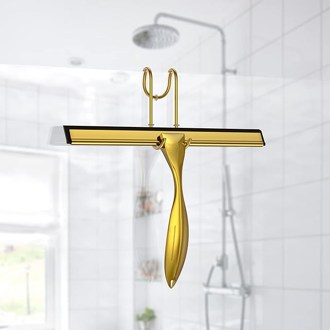 Shower Squeegee for Glass Door 12-Inch Stainless Steel Bathroom Squeegee Window Wiper with Shower Door Hook Adhesive Hook and Spare Silicone Blade for Window Mirror Car All-Purpose Squeegee