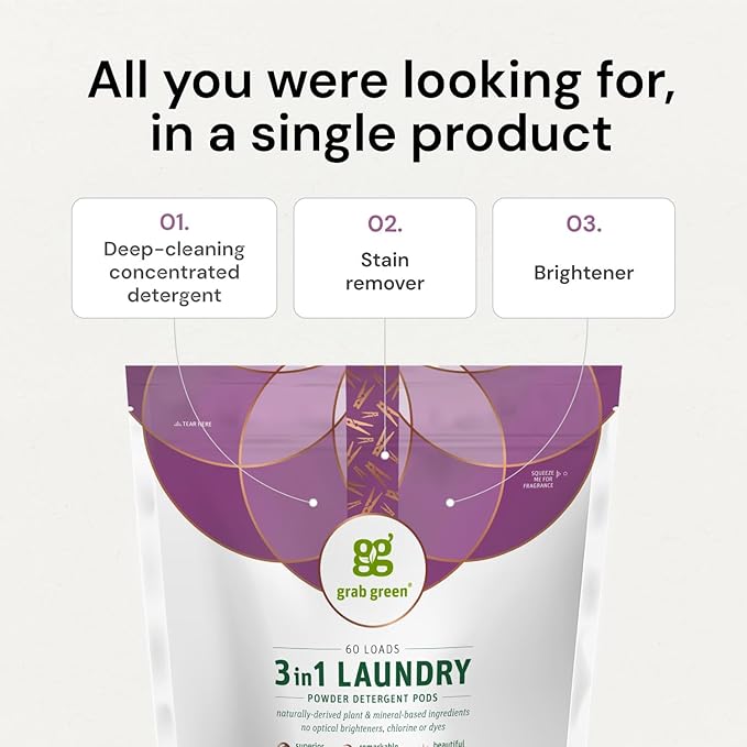 Grab Green Natural 3 in 1 Laundry Detergent Pods Lavender + Vanilla-with Essential Oils Organic Enzyme-Powered Plant &amp Mineral-Based White 34 Oz 60 Count