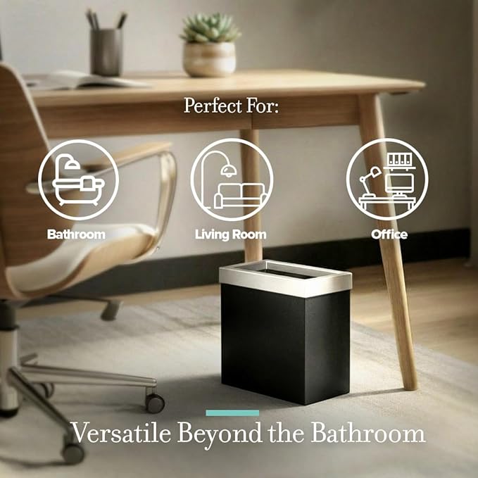 Gatco Small Bathroom Trash Can with Lid Rectangle 3 Gallon Stainless Steel Wastebasket Under Sink Matte Black and Satin Nickel for Bathroom Bedroom Office (1918SN)