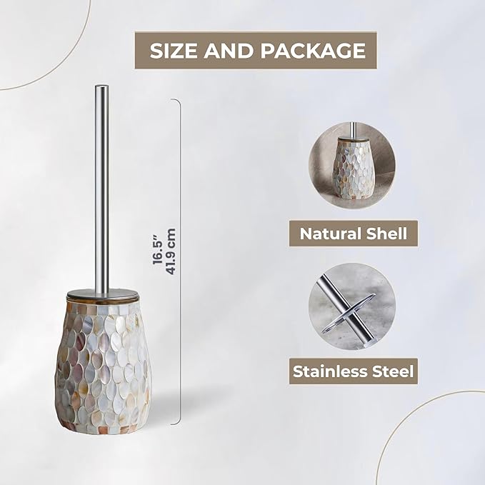 Escenzy Modern Toilet Brush and Holder Set | Natural Shell Mosaic Glass | Non-Rustic Stainless Steel | Practical &amp Decorative Toilet Bowl Brush and Holder | Luxury Bathroom Accessories