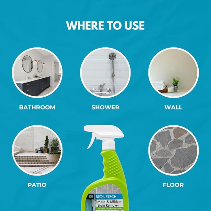 StoneTech Mold and Mildew Stain Remover Cleaning Kit | Kitchen Patio Shower and Bathroom Cleaner for Natural Stone Tile and Grout 2-Pack 24-Ounce Spray with Microfibers and Crevice Brushes