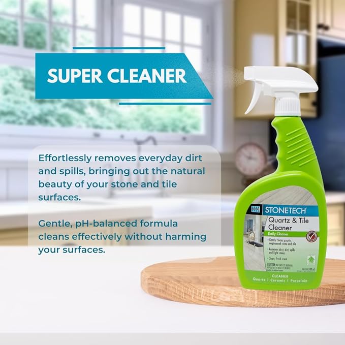 StoneTech Quartz &amp Tile Cleaner Spray – Quartz Countertop Cleaner for Engineered Stone Ceramic &amp Porcelain – Removes Dirt &amp Spills – 2-Pack 24oz Each + 2 Microfiber Cloths Fresh Scent