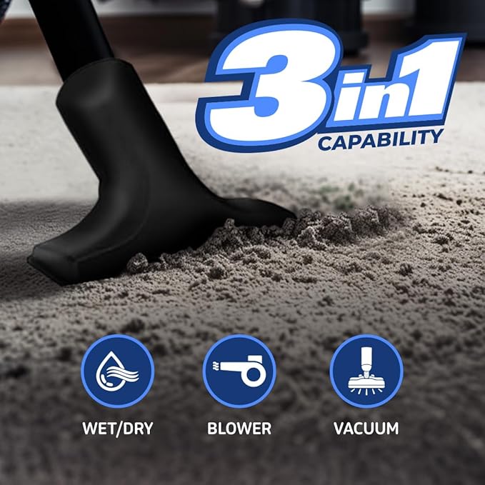 Koblenz WD-2.5L Portable Wet Dry Vacuum 2.5-Gallon 2.5 PHP Suction Plus Blower Vacuum Cleaner for Liquids Dust Pet Hairs 10’ Reach For Car Cleaning Wall-Mount Support Parts Included Blue/Black