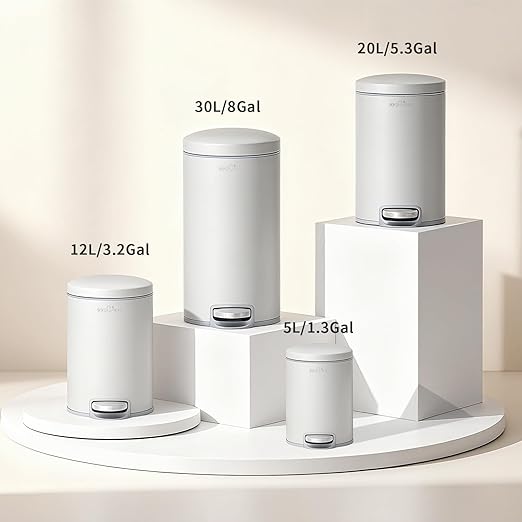 mVm Bathroom Garbage Can3.2 Gallon/12 Lliter Round Stainless Steel Trash CanStep Small Trash Can with Lid and Foot PedalSoft-CloseAnti-Fingerprint.for BathroomBedroomOfficeLiving Room(Gray)