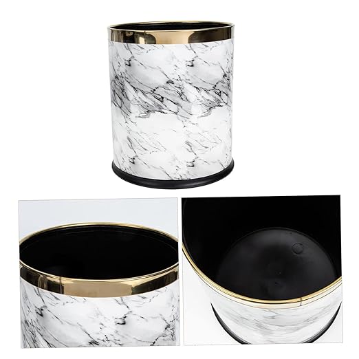 Marbling Wastebasket Plastic Trash Bin Round Lidless Non Slip Base for Bathroom Kitchen Bedroom Office Home Use