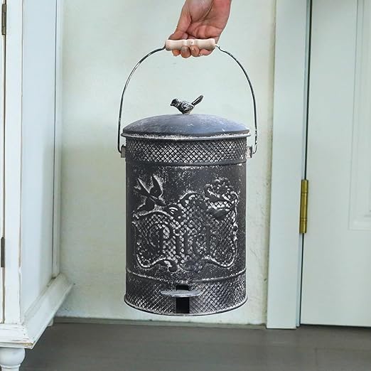 Farmhouse Garbage Can with Lid Indoor Outdoor Trash Can with Embossed Bird and Flowers PatternMetal Retro Kitchen Trash Can with Lid for Kitchen Room and Garden Decor (Black)