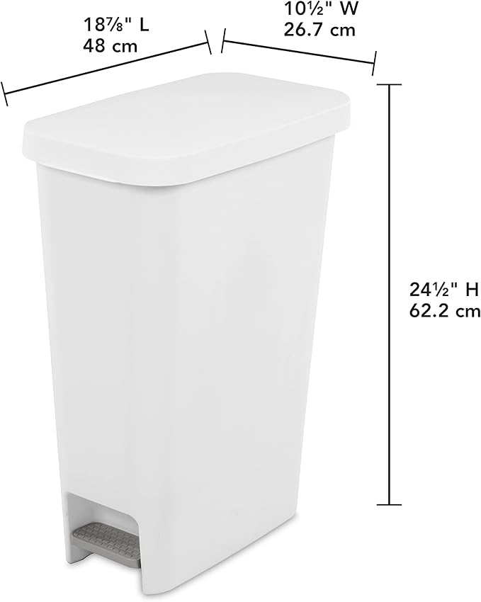Sterilite 11 Gallon Slim StepOn Wastebasket with Lid Hands-Free Space-Saving Trash Can for the Kitchen or Bathroom White 4-Pack