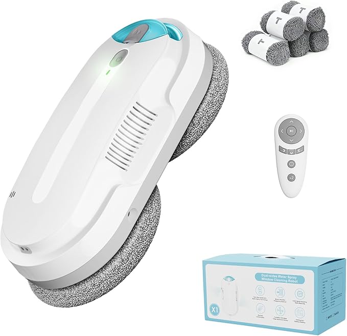 Smart Window Cleaning Robot with bidirectional ultrasonic Spray &amp 85ml Tank - Automatic Edge Detection 2400-3200pa Strong Suction Anti-Drop Protection for Effortless Cleaning