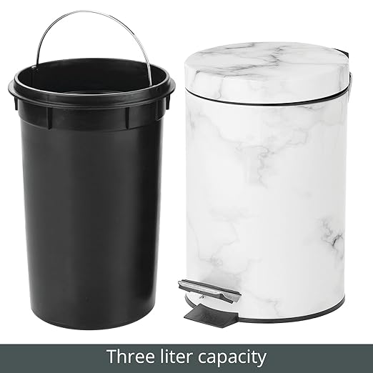 mDesign Extra Small Modern 3-Liter/.7 Gallon Round Metal Lidded Step Trash Can Compact Garbage Bin with Removable Liner Bucket and Handle for Bathroom Kitchen Office Garage - White Marble Print