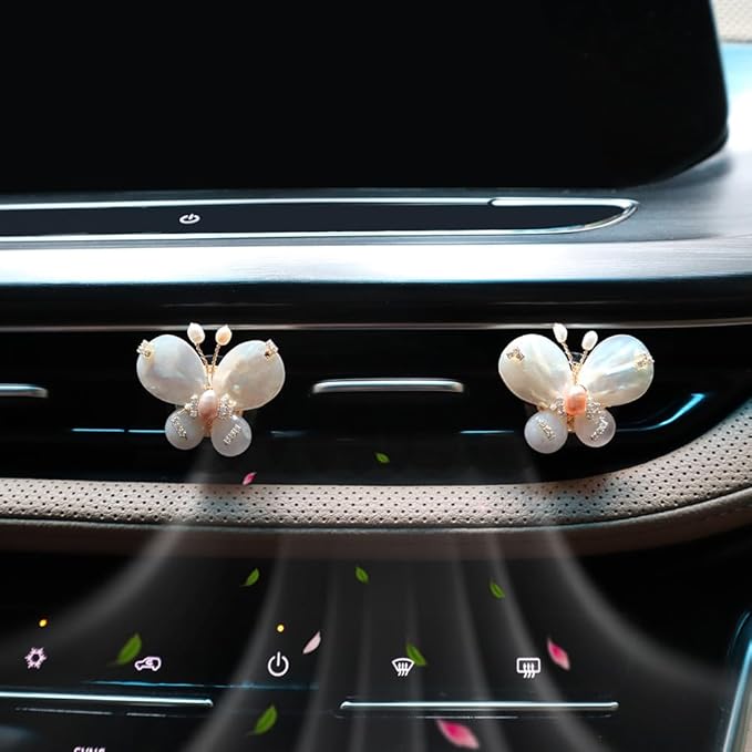 Butterfly Accessories - 2pcs Natural SeaShells Zircon Pearl Butterfly Air Freshener Vent Clips - Handmade Car Vent Decoration Bling Car Accessory for Women Refillable Diffuser