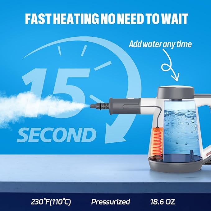 Bielmeier Handheld Pressurized Steam Cleaner - 15s Quick Start Multi-Functional for Home Kitchen Bathroom 8 Attachments Chemical-Free Safe &amp Efficient Cleaning Solution