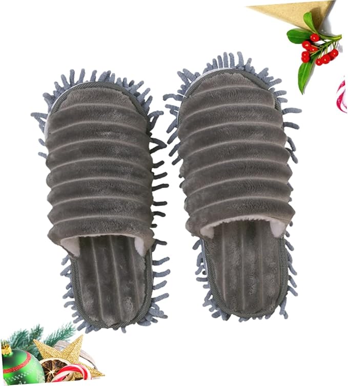 1 Pair Furry Stripes Floor Cleaning Slippers with Detachable Bottom Size Grey Unisex Mopping Slipper for House Cleaning Tool Supplies