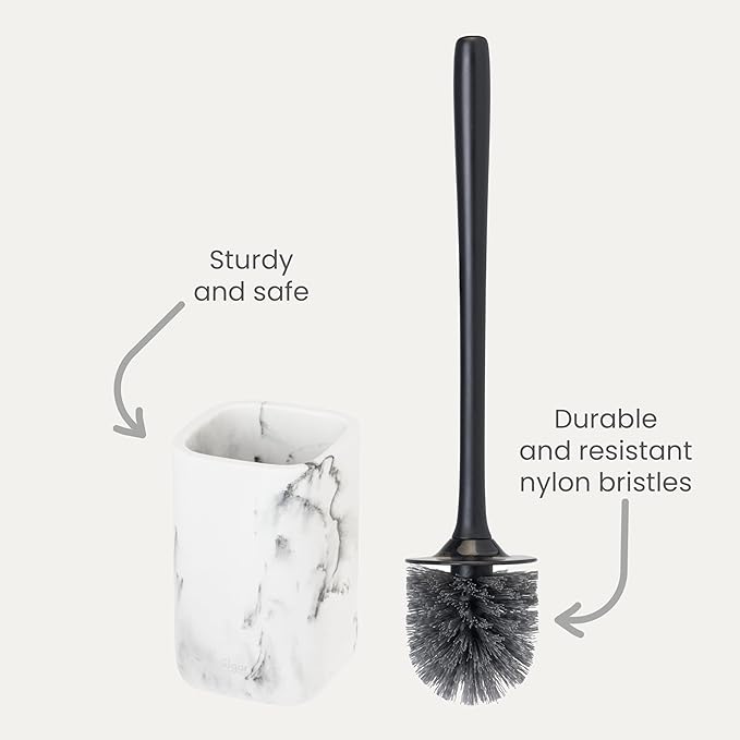 Vigar Zense Toilet Brush and Holder Set Toilet Bowl Brush with Polyresin Stone Holder Bathroom Sets for Bathroom Decor and Accessories White Marble
