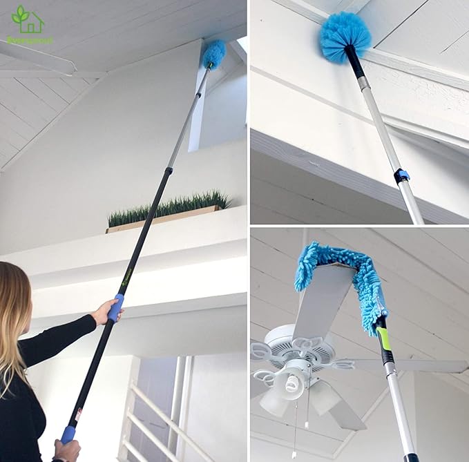 EVERSPROUT 5-to-12 Foot Duster 3-Pack with Extension-Pole (20+ Foot Reach) | Hand-packaged Cobweb Duster Microfiber Feather Duster Flexible Microfiber Ceiling &amp Fan Duster | Aluminum Telescopic