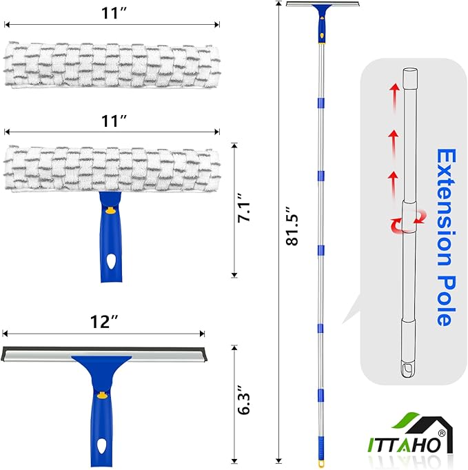 ITTAHO 81 Window Squeegee Cleaner Window Cleaning Tool Kit12 Squeegee and 11 Microfiber Scrubber Combi with Stainless Steel Pole for CarSliding DoorShower Glass Door-Swivel Style-2 Pads