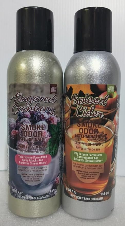 Smoke Odor Exterminator 198 gm/ 7 oz Large Spray Sugared Cranberry Set of Two Cans. Assortment (2) Includes Sugared Cranberry and Spiced Cider.