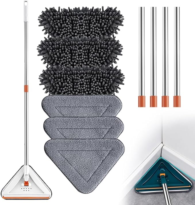 Wall Cleaner Mop with Long Handle 2025 Upgrade 360° Rotatable Adjustable Triangle Cleaning Mop Extendable Wall Washer Cleaner Tool for Floor Walls Ceilings and Baseboards (White Set B)