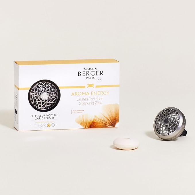 Maison Berger Car Diffuser Set – Refillable Vent Clip Ceramic Refill Made in France - Luxury Auto Scent - 4-Week Diffusion - Elegant Air Freshener for All Car Vents (Aroma Energy)