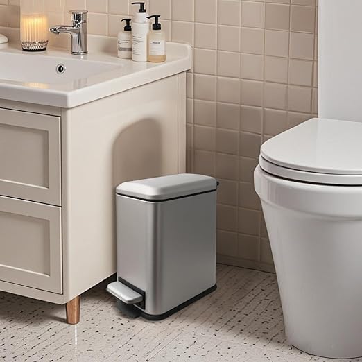 5 Liter / 1.3 Gallon Trash Can with Removable Liner Soft Close lid &amp Step Pedal Stainless Steel Trash Bin for BathroomBedroomHome OfficeGrey