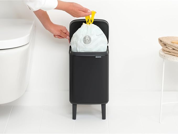 Brabantia Bo XS Lift Open Trash Can with Raised Legs | 1.1 Gal / 4L | Matt Black | Free Standing Bedroom Bathroom Nursery Trash Can Removable Inner Bucket Non-Slip Feet | + Trash Bags