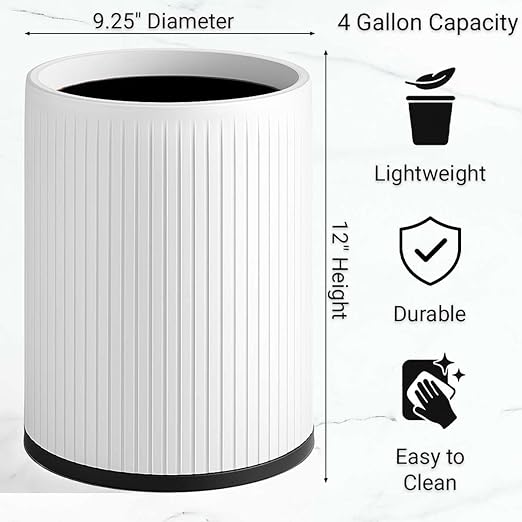 2 Pack - 4 Gallon White Plastic Trash Can/Small Indoor Wastebasket Round Polyethylene Bin for Office Hotel Home School