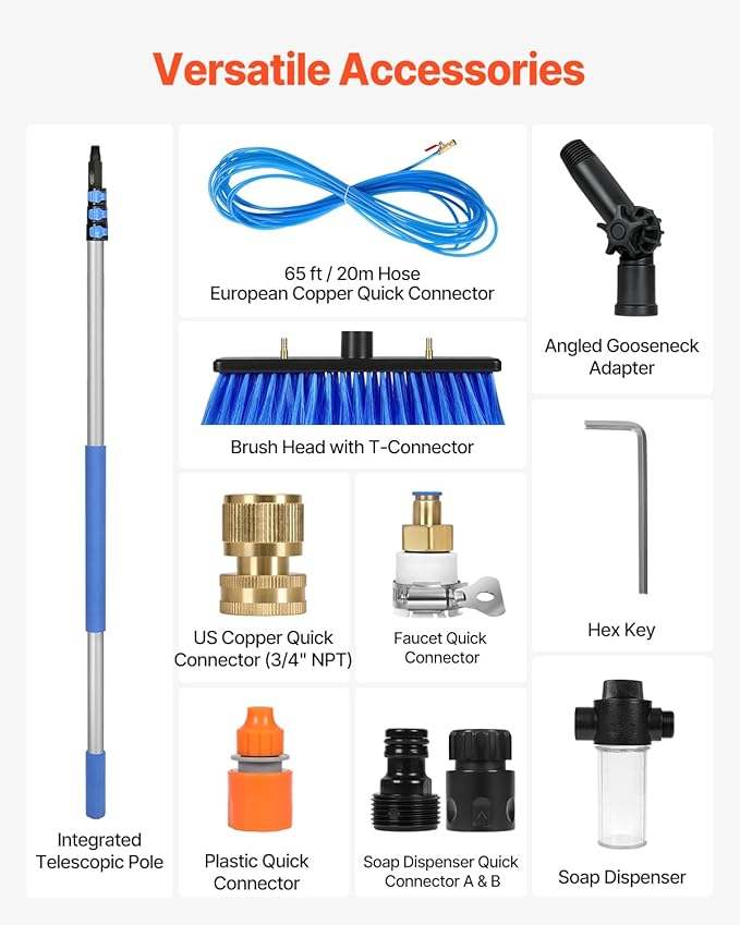 VEVOR Water Fed Pole Kit 20FT Solar Panel Cleaning Pole with Extendable Handle 180° Rotatable Brush Head &amp 65.6FT Hose Household &amp Outdoor Window Cleaner Tool for Caravan Solar Panel Deck