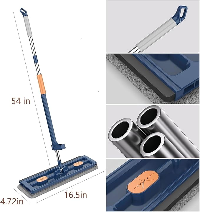Large Flat Mop 360° Rotating with Dewatering Scraper Wet Dry Mop Extendable Long Cleaning Microfiber for Floors Corner Window 1pcs 12027(B- 4pcs Rag)
