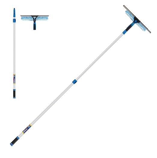 Unger Professional 2-in-1 Squeegee and Scrubber 14” Window Cleaning Tool and 8’ Connect &amp Clean Pole Essential Glass Supplies for Commercial and Residential Use Microfiber Sleeve