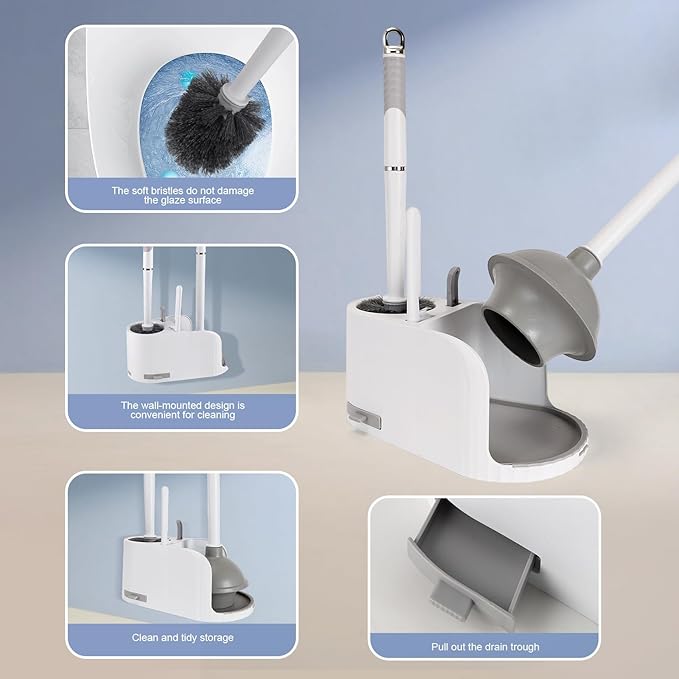 Toilet Brush and Plunger Set 4 in 1 Toilet Brush and Holder with Crevice Cleaning Brush and Clip Deep Cleaning Wall Mounted Home Bathroom Cleaning Tool Combo （Gray 1）