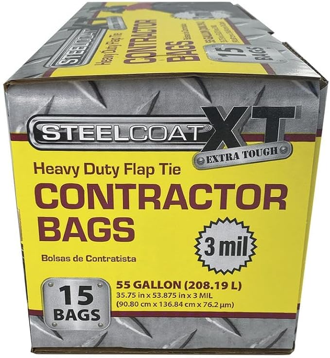 Steelcoat XL 55-Gallon Contractor Trash Bags – Extra Tough 3 Mil Heavy Duty Flap Tie – 15 Count Black – Made in USA