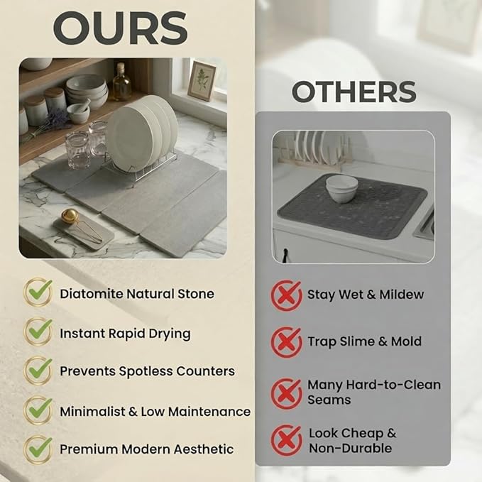 Dish Drying Mat 2 PCS Large Stone Drying Mat for Kitchen Counter 23.5×15.5 – Drying Matt Kitchen Counter Stone Dish Drying Mat Diatomaceous Earth Kitchen Dish Drying Mat Quick Dry Drying Mats