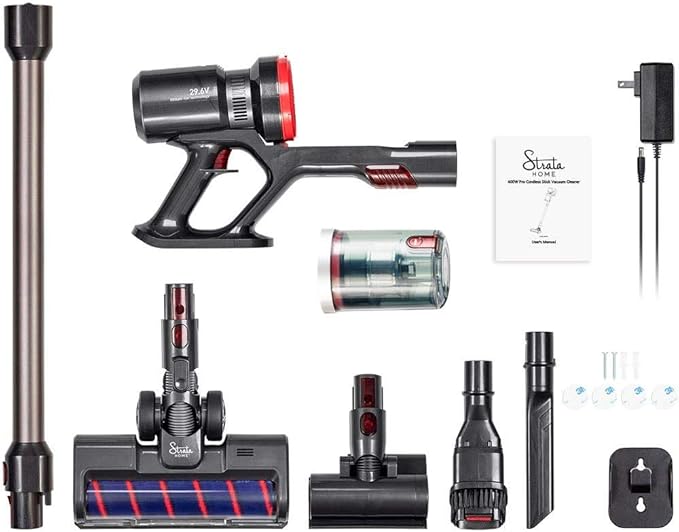 Monoprice Strata Pro Cordless Stick Vacuum Cleaner 400W Power 3 Power Settings 45 Minutes Run Time Built in LEDs Wall Mount &amp Attachments Included