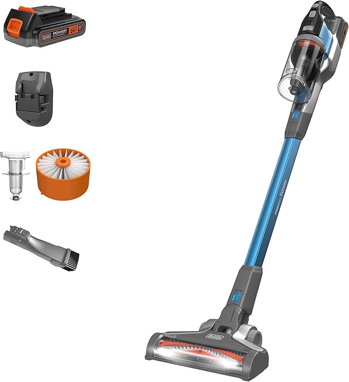 BLACK+DECKER Cordless Vacuum Powerseries Extreme Stick Vacuum Cordless Rechargeable Interchangeable Floorhead with Crevice Attachment 3 Speed Control Lightweight Blue (BSV2020G)