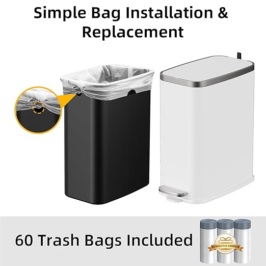 Stainless Steel Bathroom Trash Can with Lid Soft Close1.6 Gallon Slim Garbage canSmall Metal Step Wastebasket for Office Bedroom Toilet White