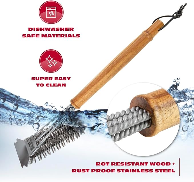 BBQ-AID All Angles BBQ Grill Brush for Outdoor Grill – Cleans All Angles Large Wooden Handle and Stainless Steel Bristles - BBQ Brush for Grill Cleaning – Grill Cleaner Brush Safe for BBQ and Grill