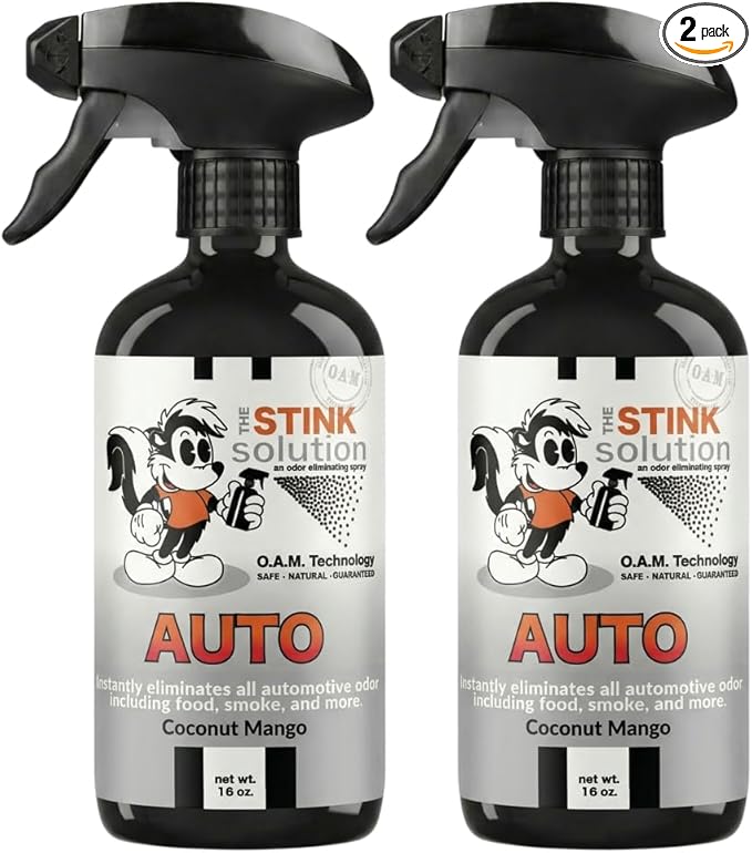 The Stink Solution Car Deodorizer Odor Eliminator For Strong Odor: Quickly Banish Smoke Pet Food Sweat &amp Other Foul Fmells! Safe Car Freshener for Seats &amp More! - 2 16 oz Bottles Coconut M