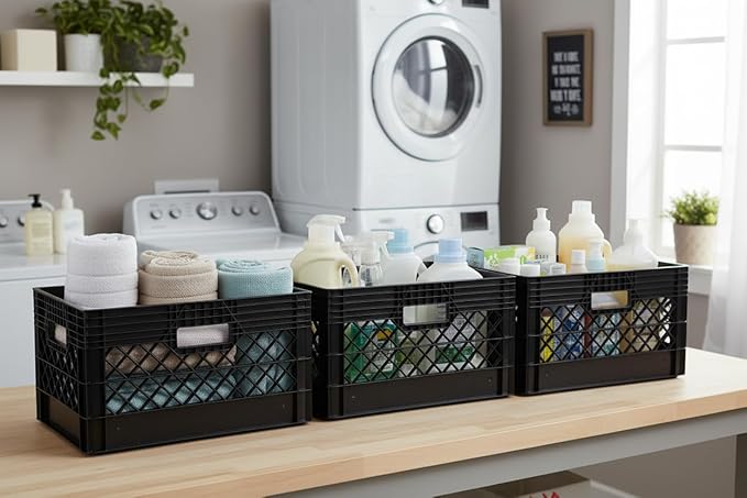 Hudson Exchange 19 x 13 x 11 (24 Quart 3 Pack) Mesh Commercial Grade Milk Crate Handled Storage Container Tote Black