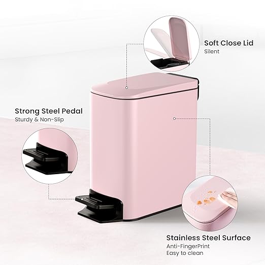 Cesun Small Bathroom Trash Can with Lid Soft Close Step Pedal 6 Liter / 1.6 Gallon Stainless Steel Garbage Can with Removable Inner Bucket Anti-Fingerprint Finish (Pink)