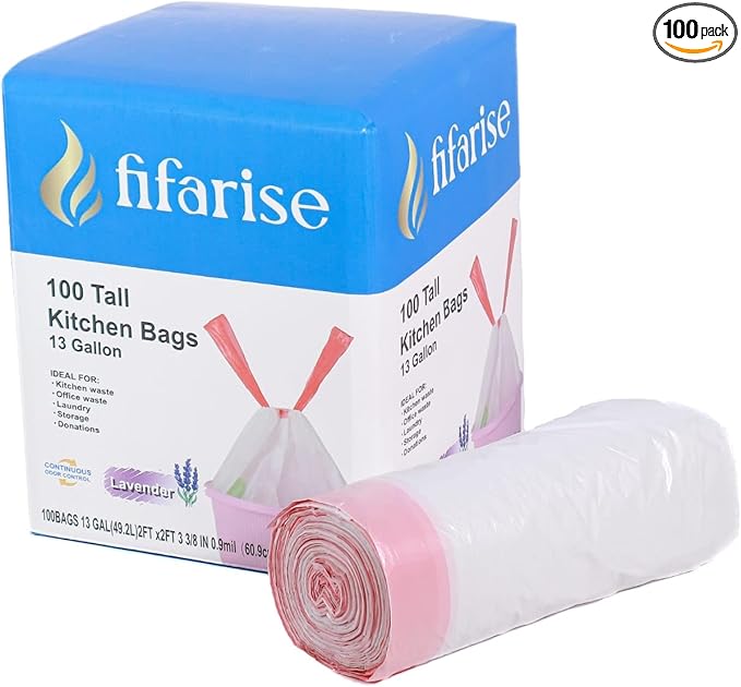 13 gallon Kitchen Trash Bags Drawstring Tall Kitchen Trash bags Lavender scent (100)