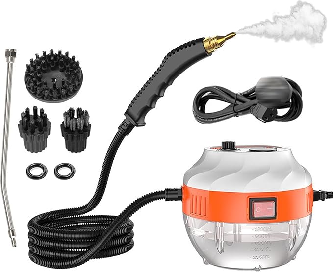 Handheld Steam Cleaner 1500w High Pressure Steam 3 Brush Heads For Multi-purpose Use 6 Adjustable Speeds High Temperature 105c For Cleaning (White Orange)