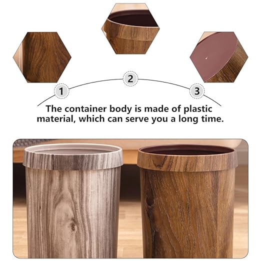Lurrose Retro Trash Can 10L Imitation Wood Grain Wastebasket with Press Ring Vintage Kitchen Bathroom Garbage Bin for Living Room and Toilet Use
