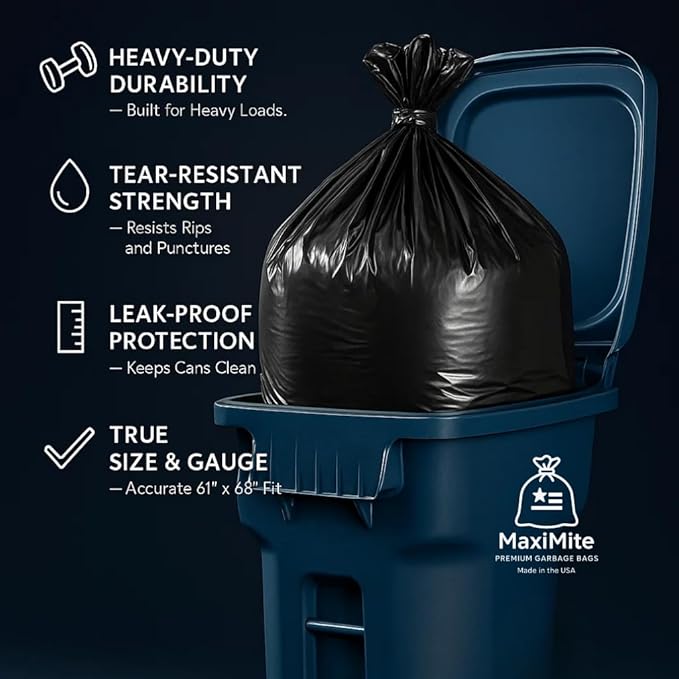 95-96 Gallon Extra-Large Black Garbage Can Liners Heavy-Duty Trash Bags 75 Bags 1.5 Mil Thick Ideal for Commercial &amp Home Use
