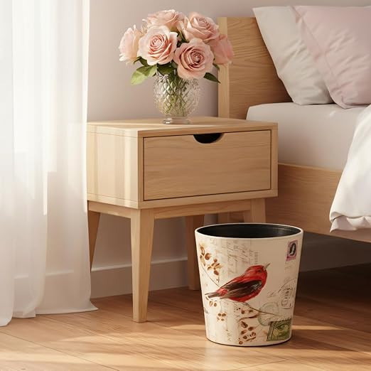 PU Leather Small Trash Can Wastebasket Round Garbage Container Basket for Bathrooms Laundry Room Kitchens Offices Kids Rooms BedroomsDormsHome Decorative Art Bin 2.9 Gallon(Bird Design)