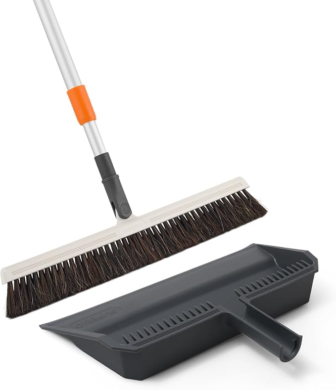 Superio 18 Horse Hair Upright Broom with Telescopic Handle &amp 16 Gray Dustpan with Comb Rubber Lip &amp Clip – Narrow Thin Dust Broom for Dog Hair – Hardwood &amp Tile Floor Cleaning Set – Gra