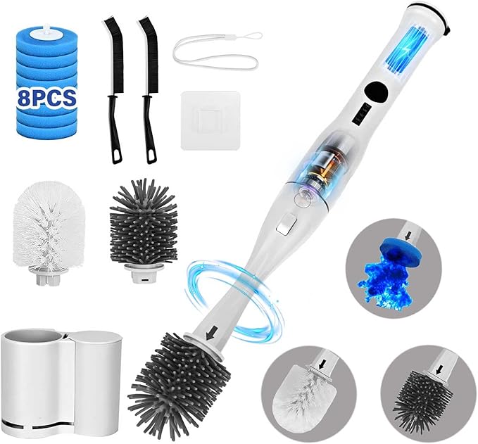 Electric Toilet Brush Scrubber and Holder SetElectric Toilet Bowl Cleaning Kit with 8 Disposable Refill HeadsHard Nylon Brush and Soft Silicone Brush