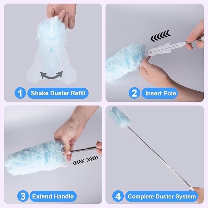 ITTAR 30 Count Duster Refill kit Duster for Cleaning with Extension Pole Microfiber Dust Remove Supplies Fan Feather Dusters for Cleaning Home Ceiling Fan Blinds Furniture Vent &amp Shelves-Bl