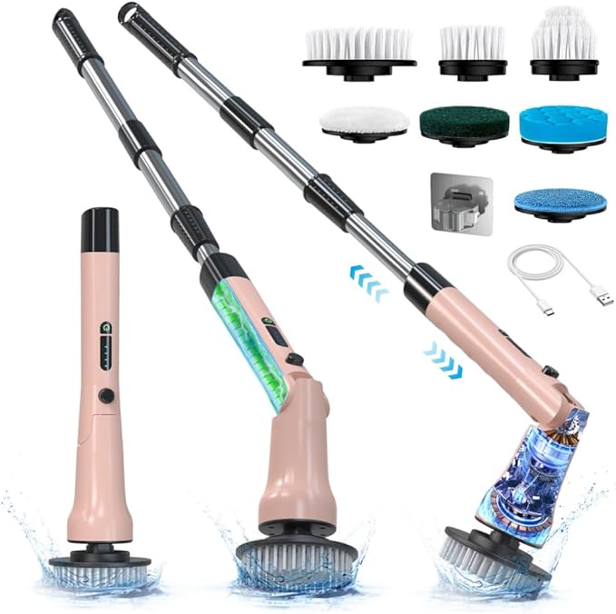 Electric Spin Scrubber Hillyfe Bathroom Scrubber Electric with 7 Replaceable Brush Heads IPX7 Waterproof300/400 RPM 3 Adjustable LengthScrubber Brush Electric for Bathtub FloorPink