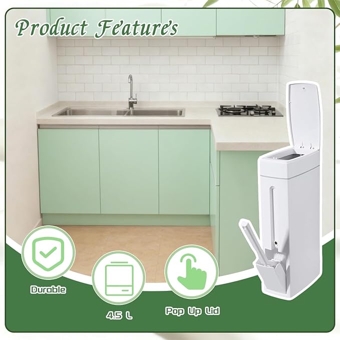 Bathroom Trash Can with ToiletSlim Bathroom Trash CanToilet Brush and Holder Set4.5 Liter / 1.2 Gallon Press Type Odor Proof rv Trash canfor Bathrooms RVs Small Spaces