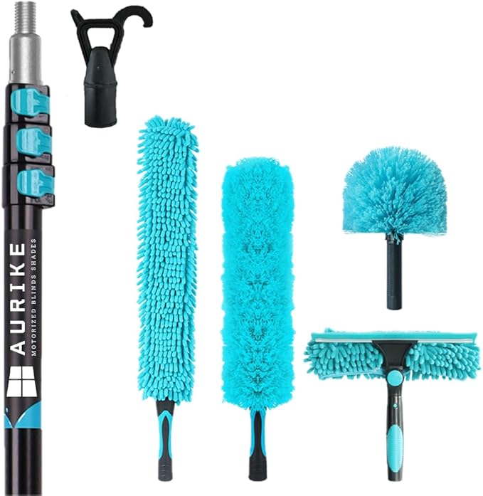 High Ceiling Duster Kits with 3-8ft Heavy Duty Extension Pole - Fan Blade Cleaner Cobweb Remover &amp Blue Window Squeegee Kit Washable Dust Brush and Glass Surfaces Skylight Shades Operating Hook