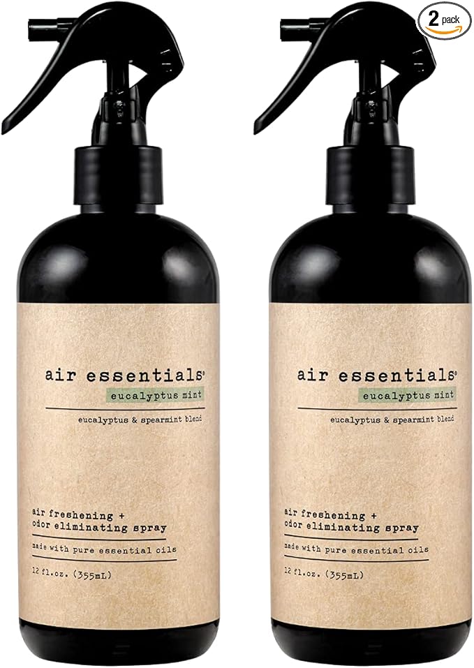 Air Essentials 12 oz Air Freshener &amp Odor Eliminator Spray - Neutralize Odors from Smoke Pets Food &amp Garbage in Homes Offices &amp Cars - Made with Clean Essential Oils (Eucalyptus Mint 2